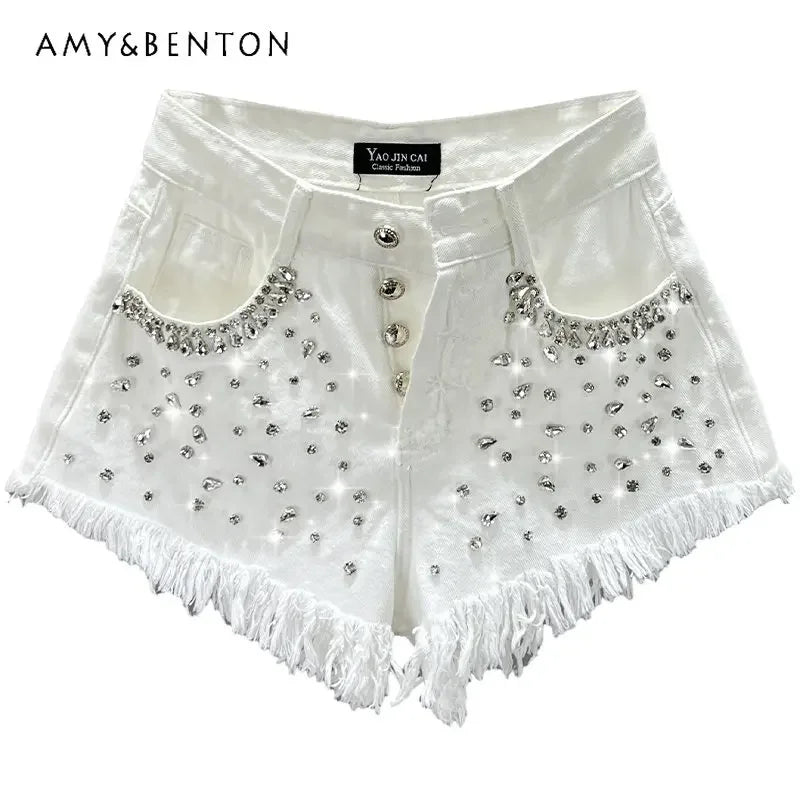 Diamond-Embedded Denim Shorts Women's Fashionable 2023 New Summer High Waist Loose Slimming Raw Hem Wide Legs Short Hot Pants